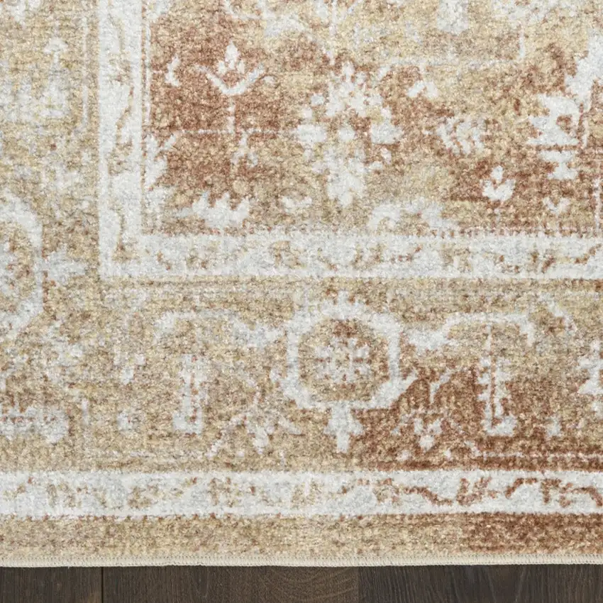 8' Rust and Ivory Floral Power Loom Worn Faded Runner Rug Photo 7