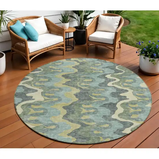 8' Sage And Artichoke Green Round Abstract Washable Indoor Outdoor Area Rug Photo 1
