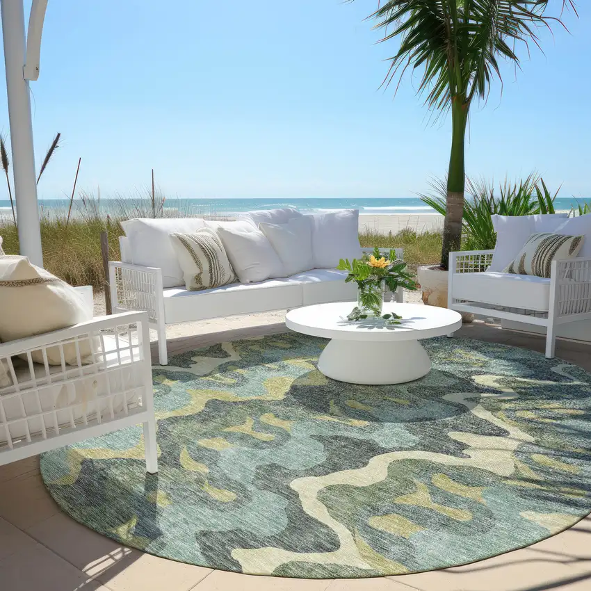 8' Sage And Artichoke Green Round Abstract Washable Indoor Outdoor Area Rug Photo 6