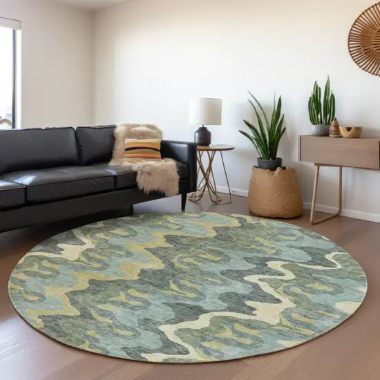 8' Sage And Artichoke Green Round Abstract Washable Indoor Outdoor Area Rug Photo 7