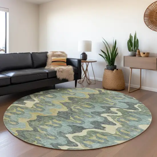 8' Sage And Artichoke Green Round Abstract Washable Indoor Outdoor Area Rug Photo 7