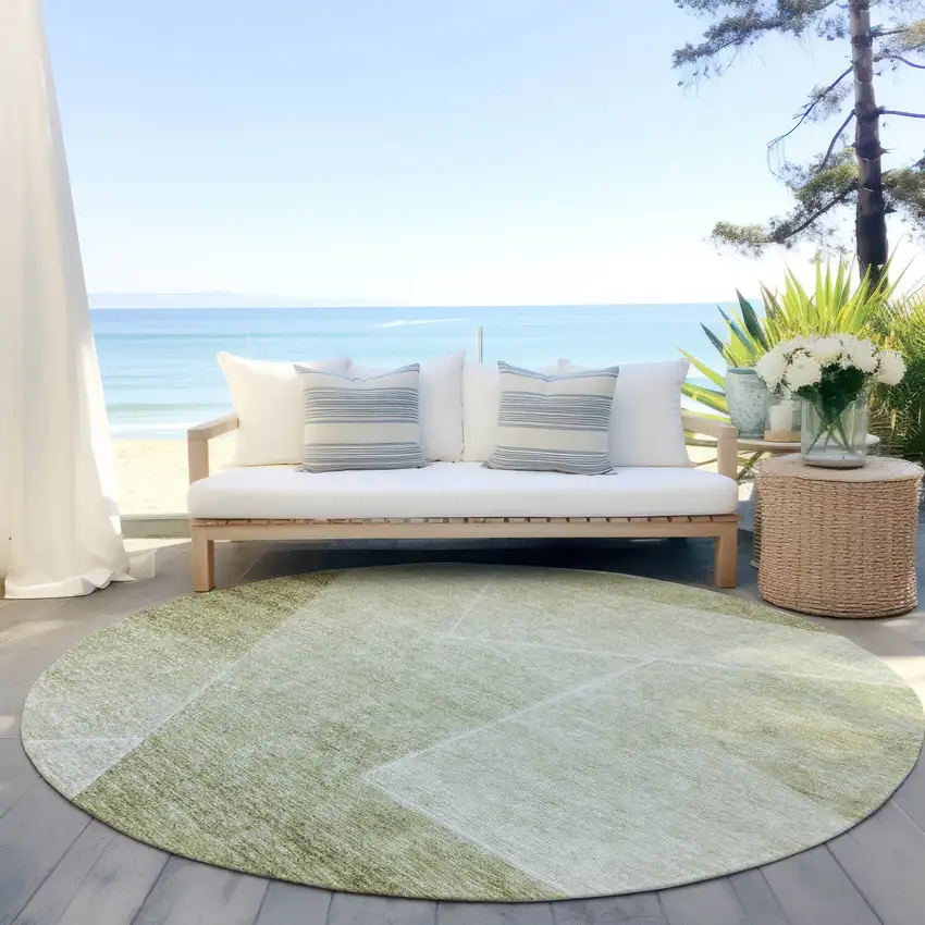 8' Sage And Artichoke Green Round Abstract Washable Indoor Outdoor Area Rug Photo 6