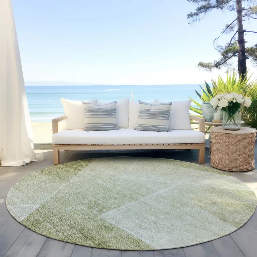 8' Sage And Artichoke Green Round Abstract Washable Indoor Outdoor Area Rug Photo 6