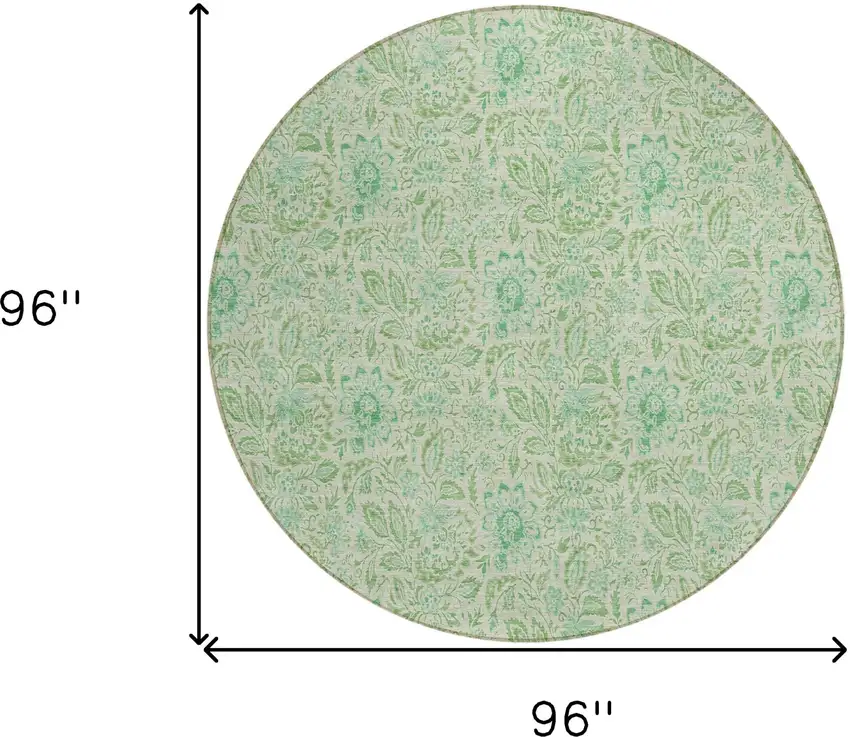 8' Sage And Artichoke Green Round Floral Washable Indoor Outdoor Area Rug Photo 3