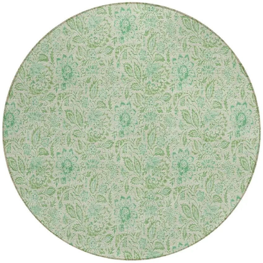 8' Sage And Artichoke Green Round Floral Washable Indoor Outdoor Area Rug Photo 4