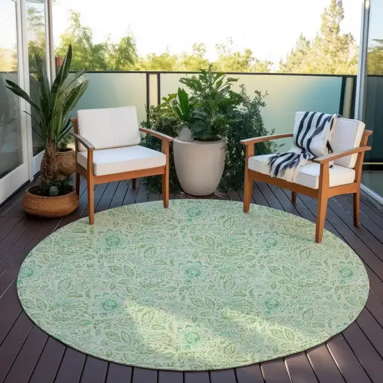 8' Sage And Artichoke Green Round Floral Washable Indoor Outdoor Area Rug Photo 7