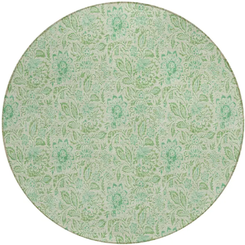 8' Sage And Artichoke Green Round Floral Washable Indoor Outdoor Area Rug Photo 2