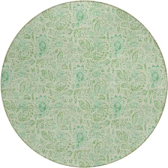 8' Sage And Artichoke Green Round Floral Washable Indoor Outdoor Area Rug Photo 2