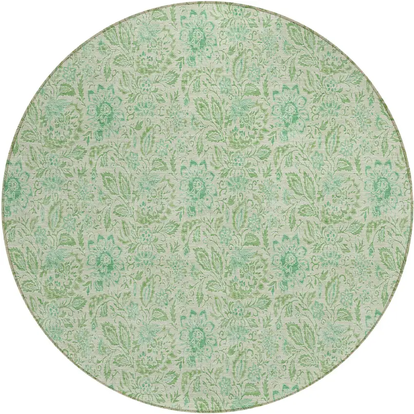 8' Sage And Artichoke Green Round Floral Washable Indoor Outdoor Area Rug Photo 2