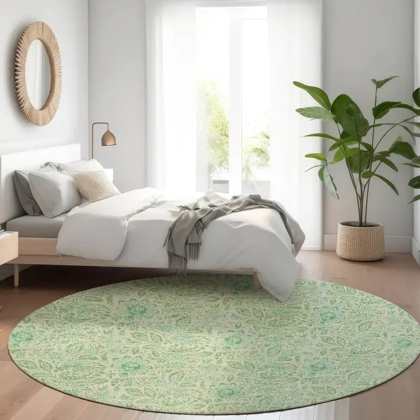 8' Sage And Artichoke Green Round Floral Washable Indoor Outdoor Area Rug Photo 8
