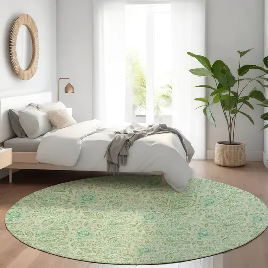 8' Sage And Artichoke Green Round Floral Washable Indoor Outdoor Area Rug Photo 8