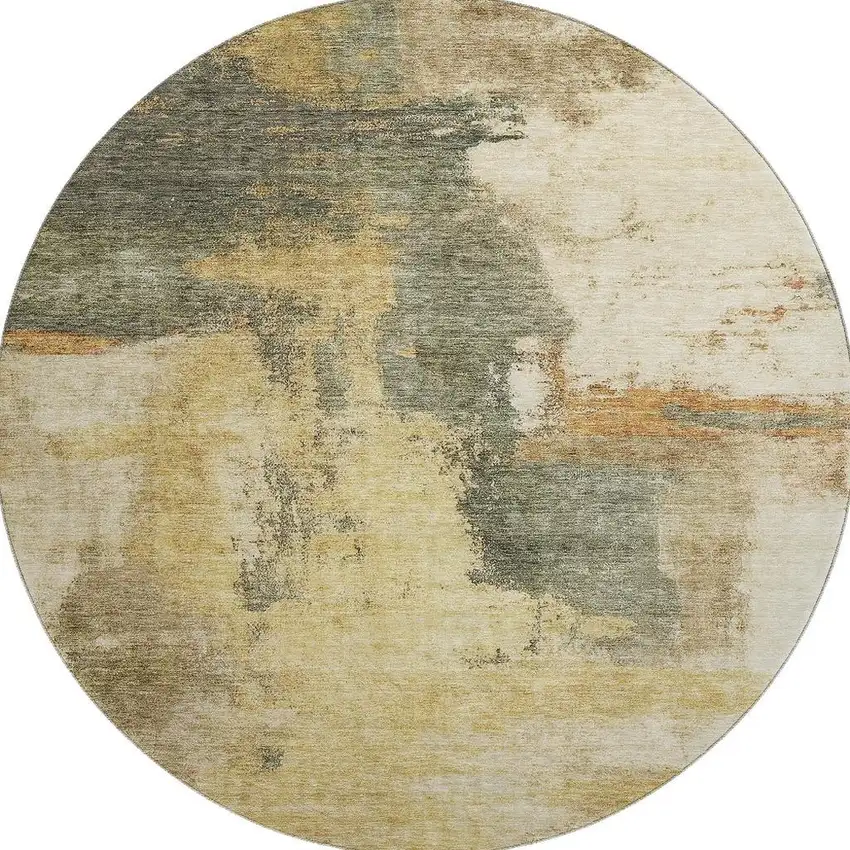8' Sage And Beige Abstract Washable Round Rug With UV Protection Photo 3