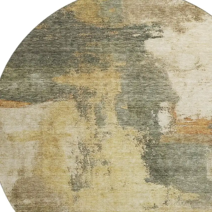 8' Sage And Beige Abstract Washable Round Rug With UV Protection Photo 2