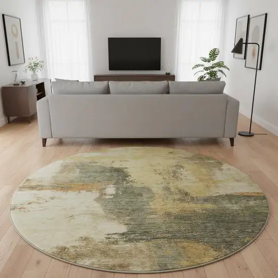 8' Sage And Beige Abstract Washable Round Rug With UV Protection Photo 2