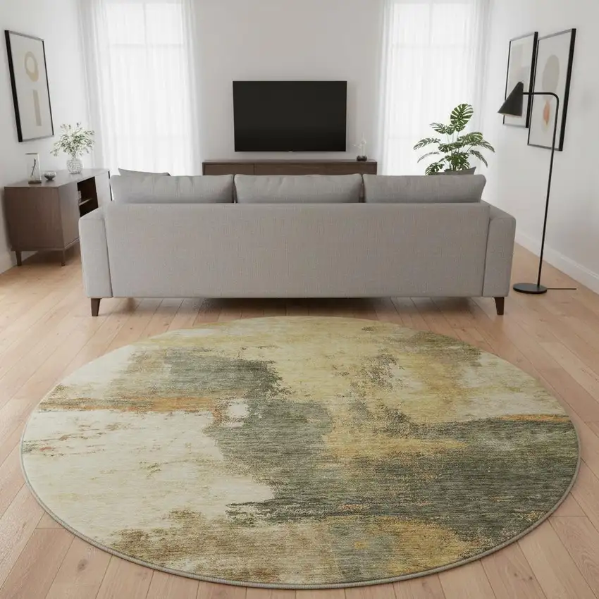8' Sage And Beige Abstract Washable Round Rug With UV Protection Photo 2