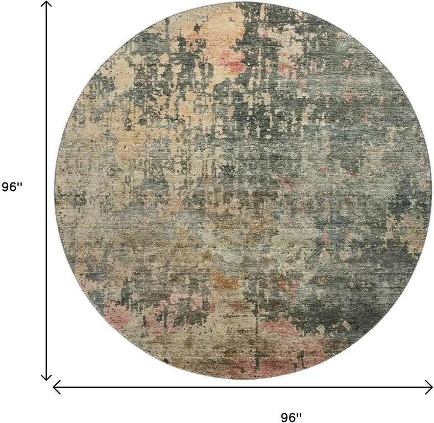 8' Sage And Beige Abstract Washable Round Rug With UV Protection Photo 9