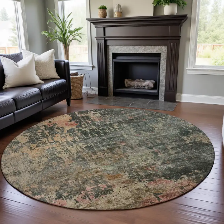 8' Sage And Beige Abstract Washable Round Rug With UV Protection Photo 4