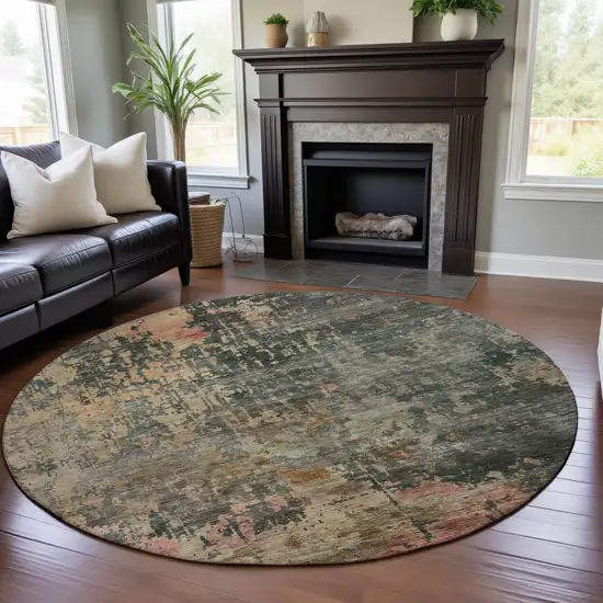 8' Sage And Beige Abstract Washable Round Rug With UV Protection Photo 4