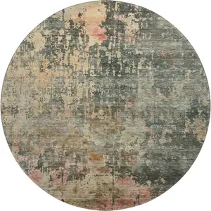 Photo of 8' Sage And Beige Abstract Washable Round Rug With UV Protection