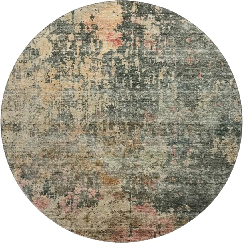 8' Sage And Beige Abstract Washable Round Rug With UV Protection Photo 1