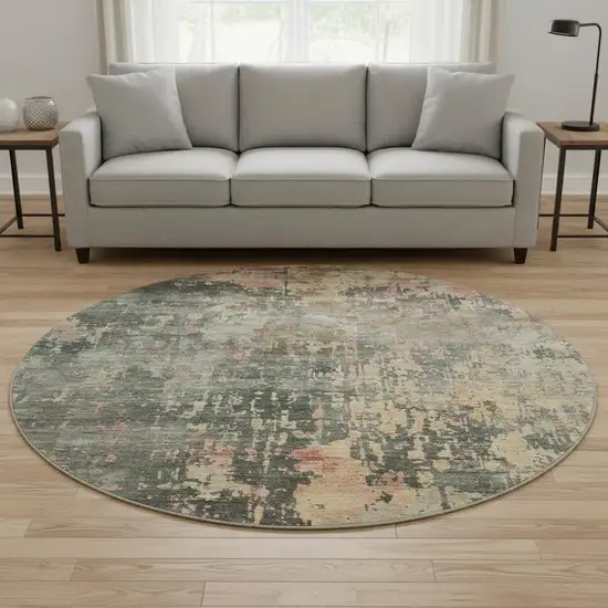 8' Sage And Beige Abstract Washable Round Rug With UV Protection Photo 2