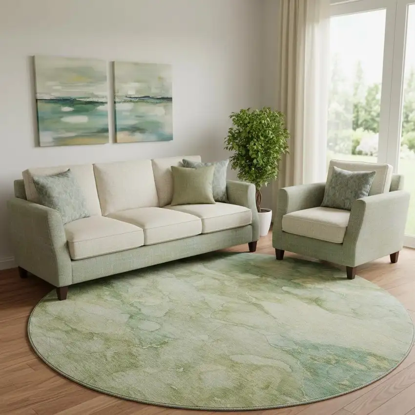 8' Sage And Beige Abstract Washable Round Rug With UV Protection Photo 2