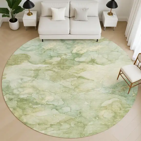 8' Sage And Beige Abstract Washable Round Rug With UV Protection Photo 5