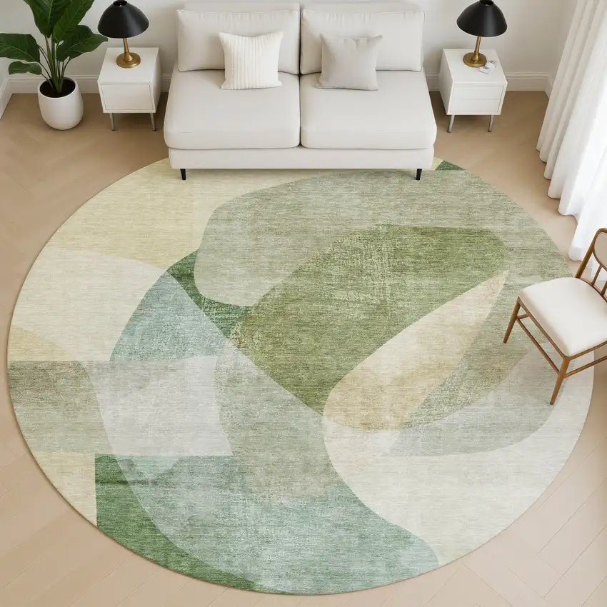 8' Sage And Beige Abstract Washable Round Rug With UV Protection Photo 4