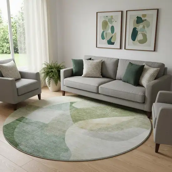 8' Sage And Beige Abstract Washable Round Rug With UV Protection Photo 2