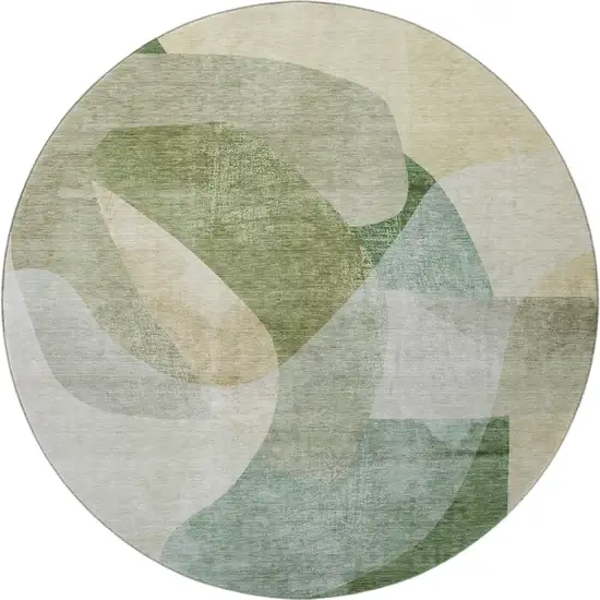 8' Sage And Beige Abstract Washable Round Rug With UV Protection Photo 3