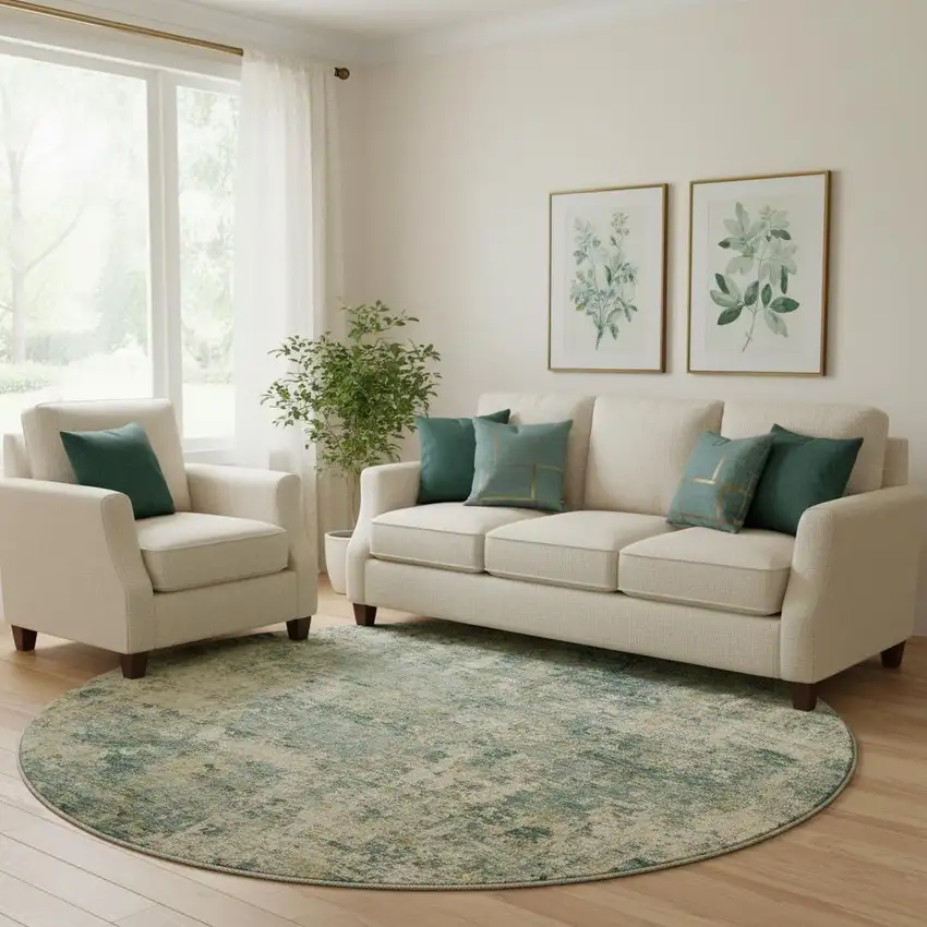 8' Sage And Beige Abstract Washable Round Rug With UV Protection Photo 2