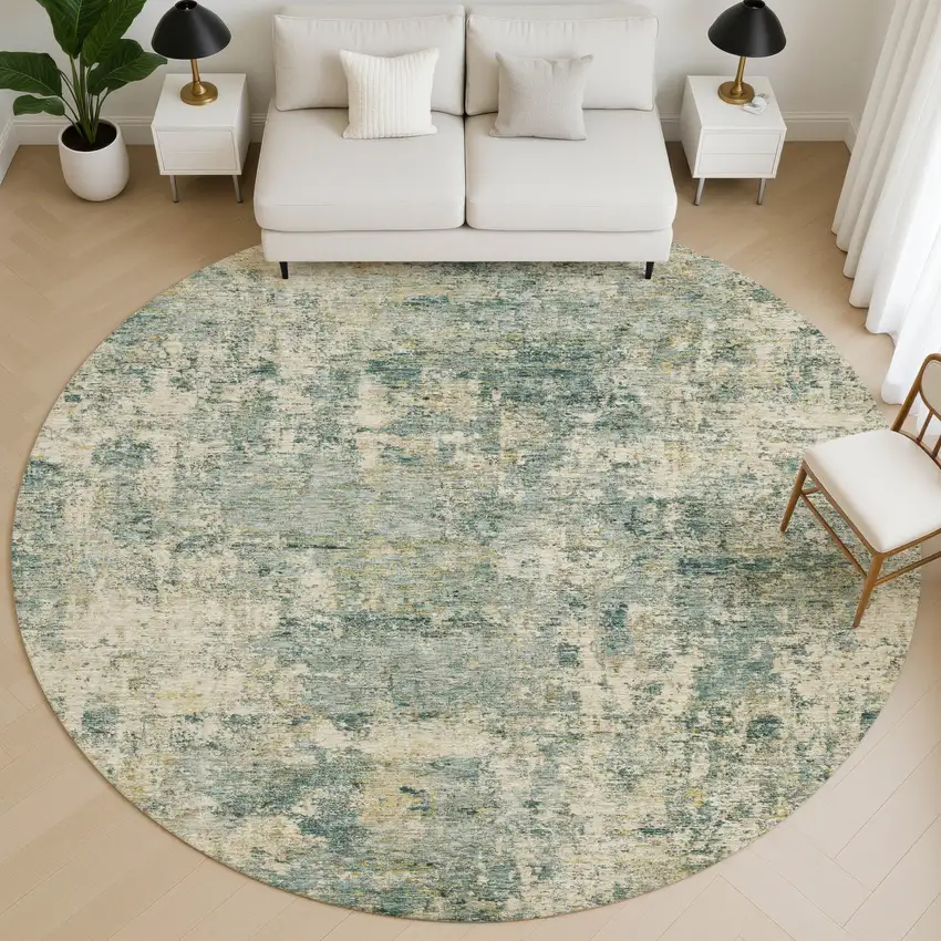 8' Sage And Beige Abstract Washable Round Rug With UV Protection Photo 5