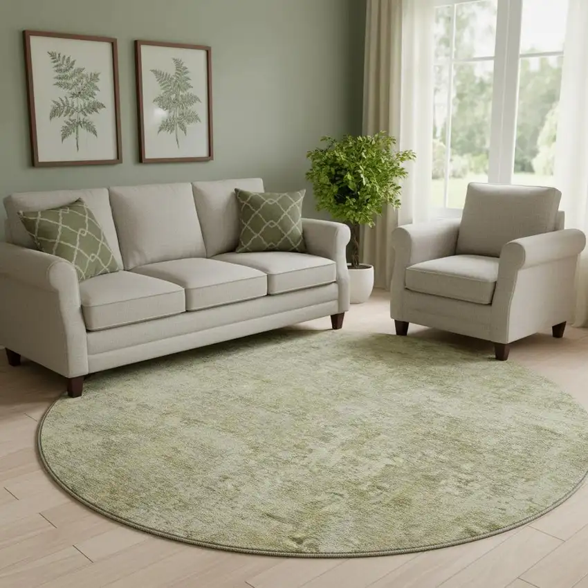 8' Sage And Beige Abstract Washable Round Rug With UV Protection Photo 2