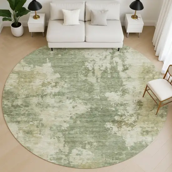 8' Sage And Beige Abstract Washable Round Rug With UV Protection Photo 5