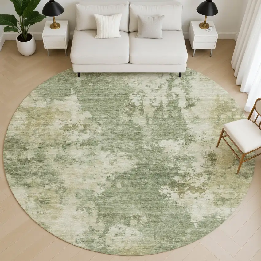 8' Sage And Beige Abstract Washable Round Rug With UV Protection Photo 5