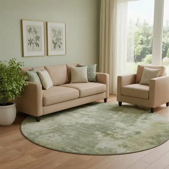 8' Sage And Beige Abstract Washable Round Rug With UV Protection Photo 2