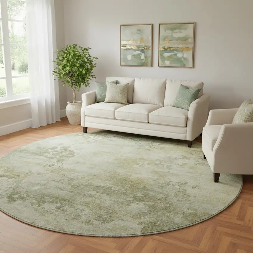 8' Sage And Beige Abstract Washable Round Rug With UV Protection Photo 2