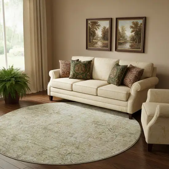 8' Sage And Beige Abstract Washable Round Rug With UV Protection Photo 2