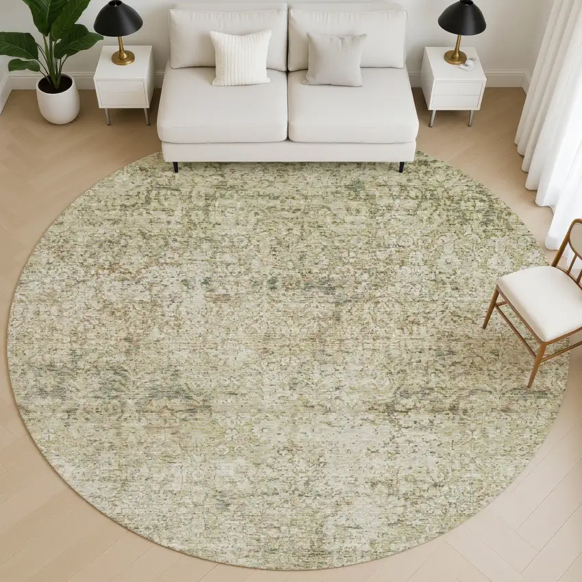 8' Sage And Beige Abstract Washable Round Rug With UV Protection Photo 5