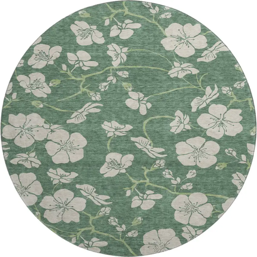 8' Sage And Beige Floral Washable Round Rug With UV Protection Photo 1