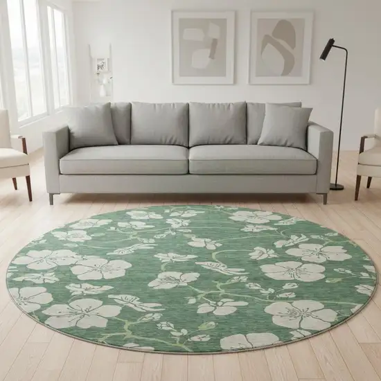 8' Sage And Beige Floral Washable Round Rug With UV Protection Photo 2