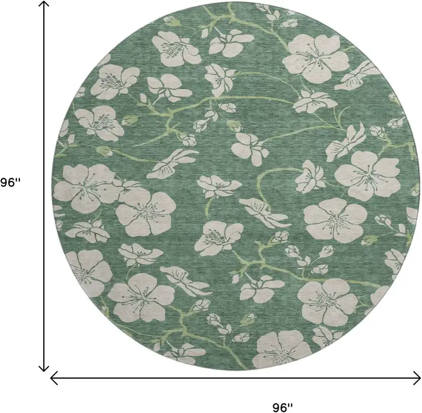 8' Sage And Beige Floral Washable Round Rug With UV Protection Photo 9