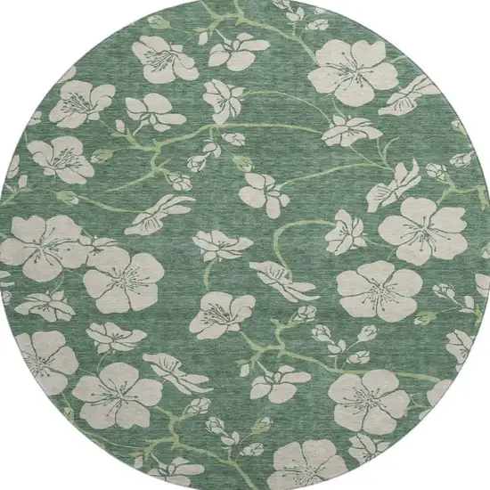 8' Sage And Beige Floral Washable Round Rug With UV Protection Photo 3