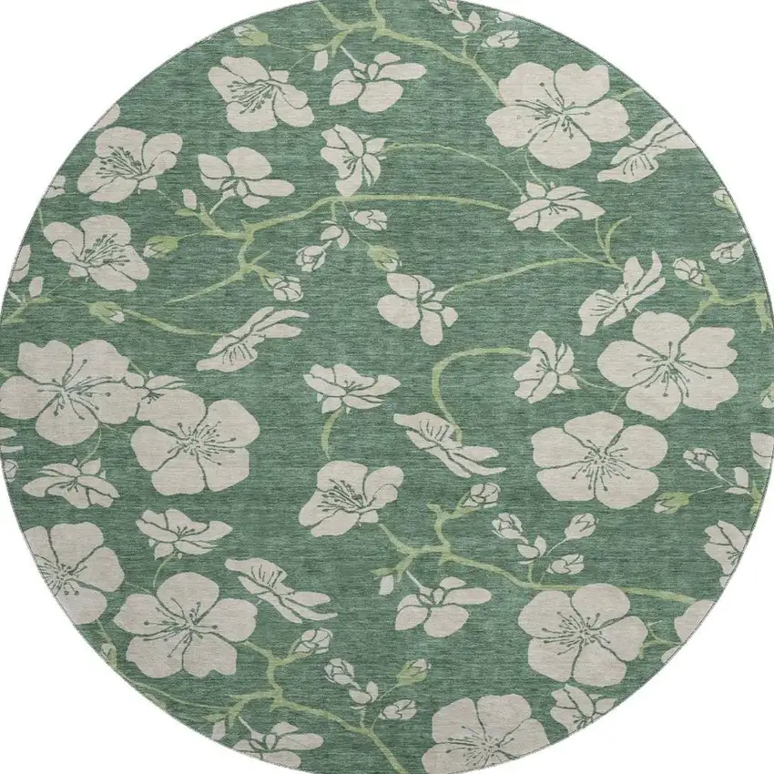 8' Sage And Beige Floral Washable Round Rug With UV Protection Photo 3