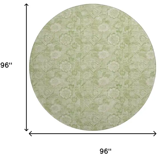 8' Sage And Beige Floral Washable Round Rug With UV Protection Photo 9
