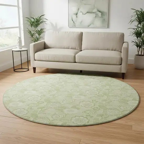 8' Sage And Beige Floral Washable Round Rug With UV Protection Photo 2