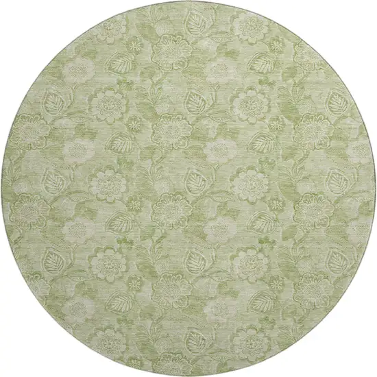 8' Sage And Beige Floral Washable Round Rug With UV Protection Photo 1