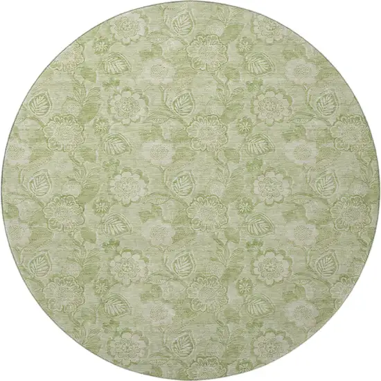 8' Sage And Beige Floral Washable Round Rug With UV Protection Photo 3