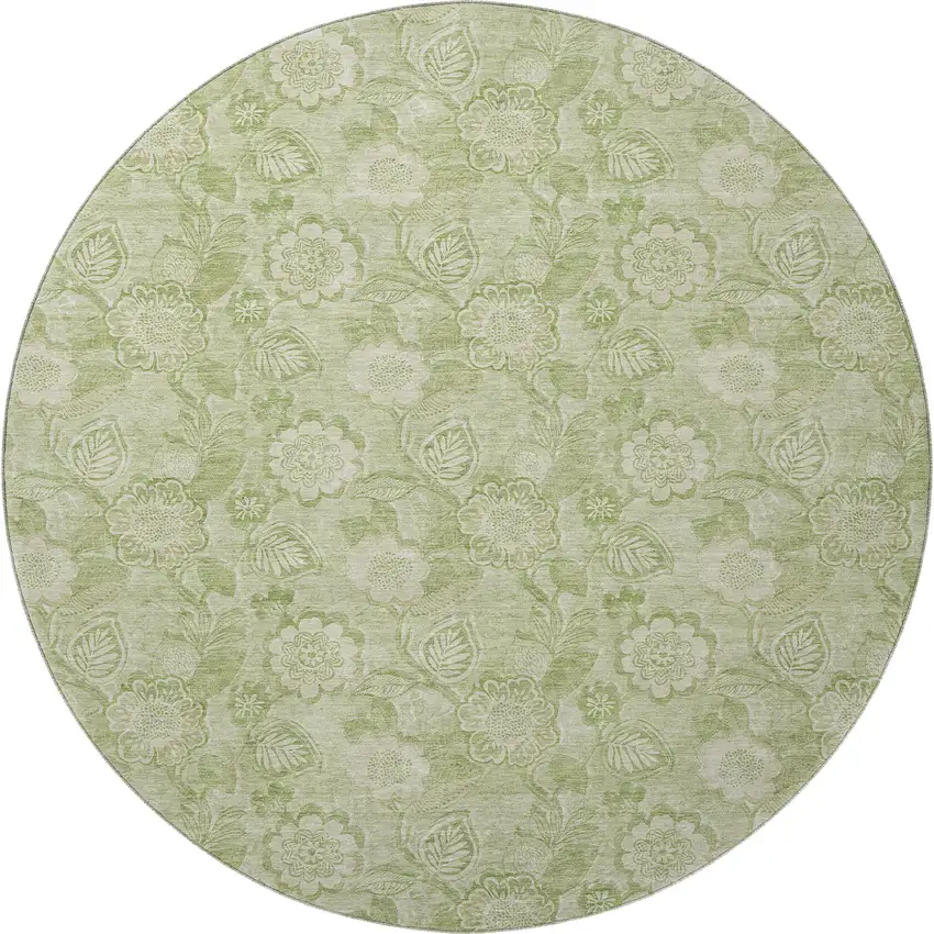 8' Sage And Beige Floral Washable Round Rug With UV Protection Photo 3