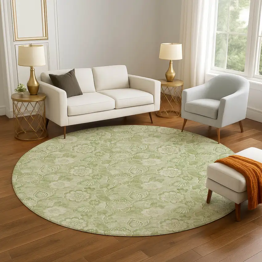 8' Sage And Beige Floral Washable Round Rug With UV Protection Photo 4